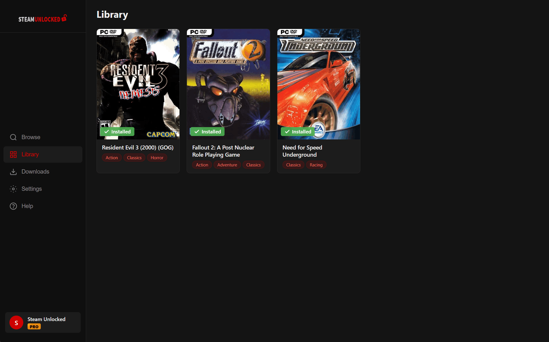 Your game library — ready to play